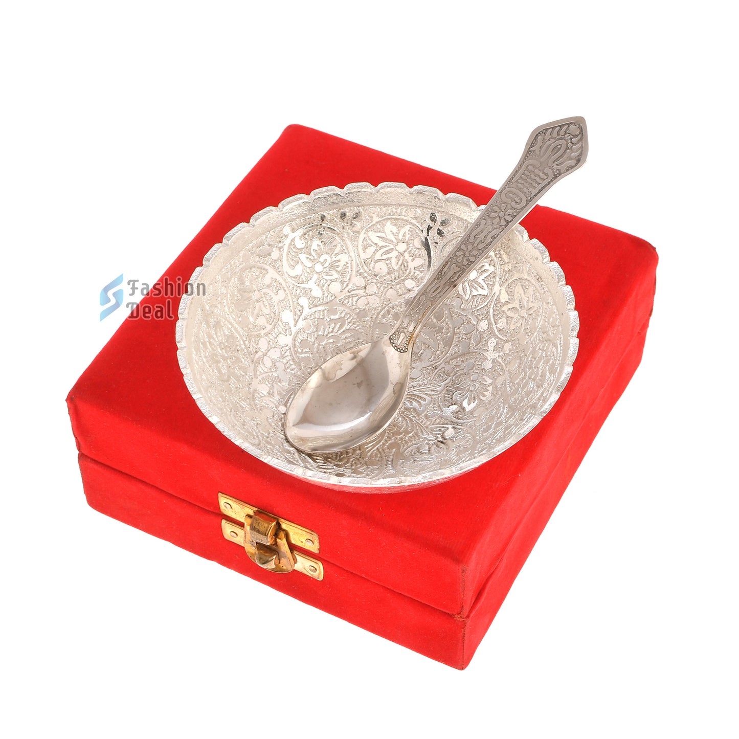 Silver Plated Round Bowl Spoon Set With Red Velvet Box – Premium Gift for Weddings, Home Decor & Special Occasions