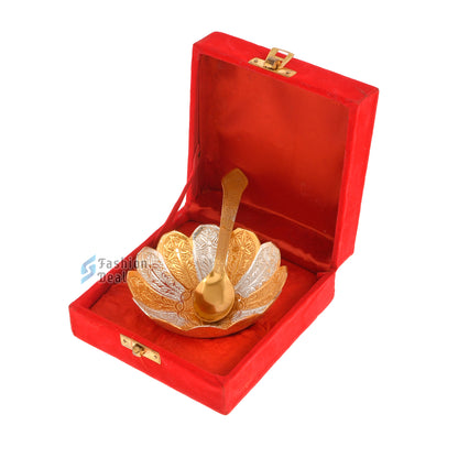 Gold & Silver Plated Kamal/Lotus Bowl Spoon Set With Red Velvet Box – Premium Gift for Weddings, Home Decor & Special Occasions