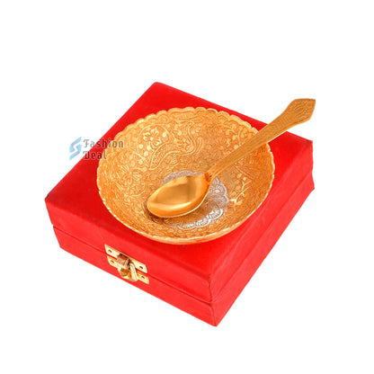 Gold & Silver Plated Round Bowl Spoon Set With Red Velvet Box – Premium Gift for Weddings, Home Decor & Special Occasions