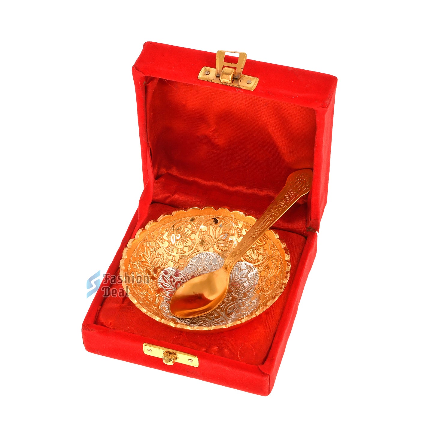 Gold & Silver Plated Round Bowl Spoon Set With Red Velvet Box – Premium Gift for Weddings, Home Decor & Special Occasions