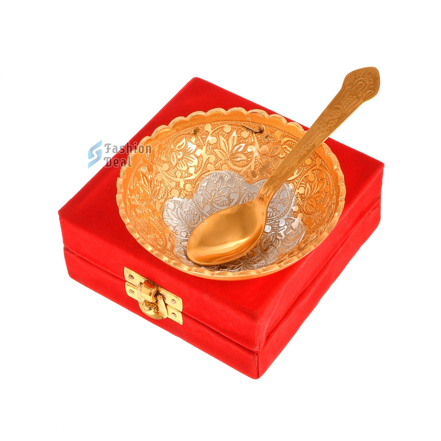 Gold & Silver Plated Round Bowl Spoon Set With Red Velvet Box – Premium Gift for Weddings, Home Decor & Special Occasions