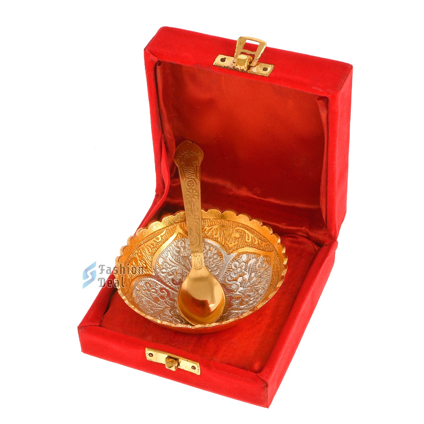 Gold & Silver Plated Round Bowl Spoon Set With Red Velvet Box – Premium Gift for Weddings, Home Decor & Special Occasions