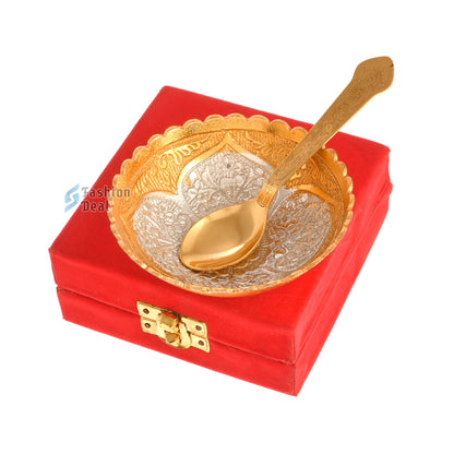 Gold & Silver Plated Round Bowl Spoon Set With Red Velvet Box – Premium Gift for Weddings, Home Decor & Special Occasions