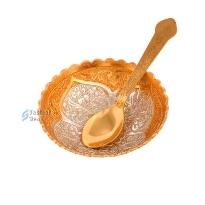 Gold & Silver Plated Round Bowl Spoon Set With Red Velvet Box – Premium Gift for Weddings, Home Decor & Special Occasions