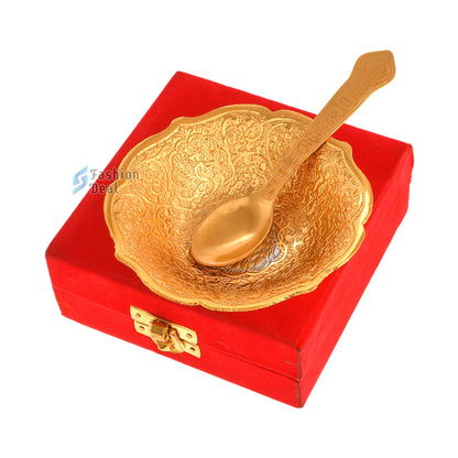 Gold & Silver Plated Peacock Design Bowl Spoon Set With Red Velvet Box – Premium Gift for Weddings, Home Decor & Special Occasions