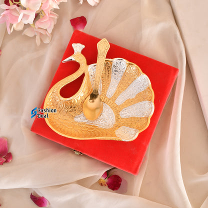 Gold & Silver Plated Peacock Shape Bowl Spoon Set With Red Velvet Box – Premium Gift for Weddings, Home Decor & Special Occasions