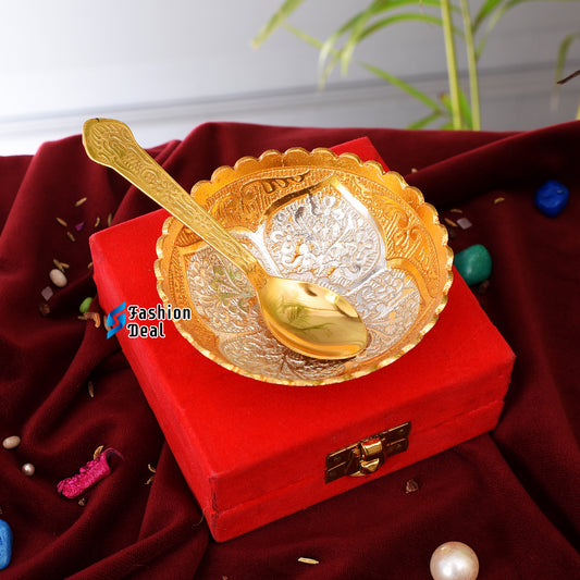 Gold & Silver Plated Round Bowl Spoon Set With Red Velvet Box – Premium Gift for Weddings, Home Decor & Special Occasions