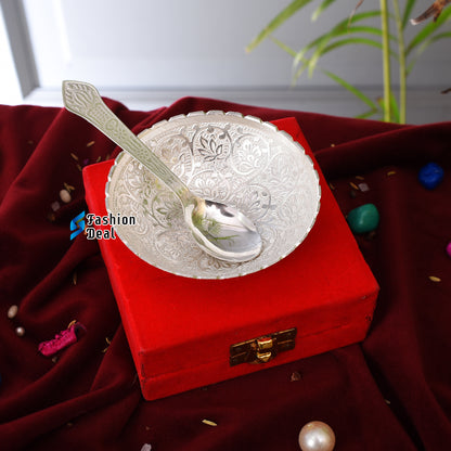 Silver Plated Round Bowl Spoon Set With Red Velvet Box – Premium Gift for Weddings, Home Decor & Special Occasions