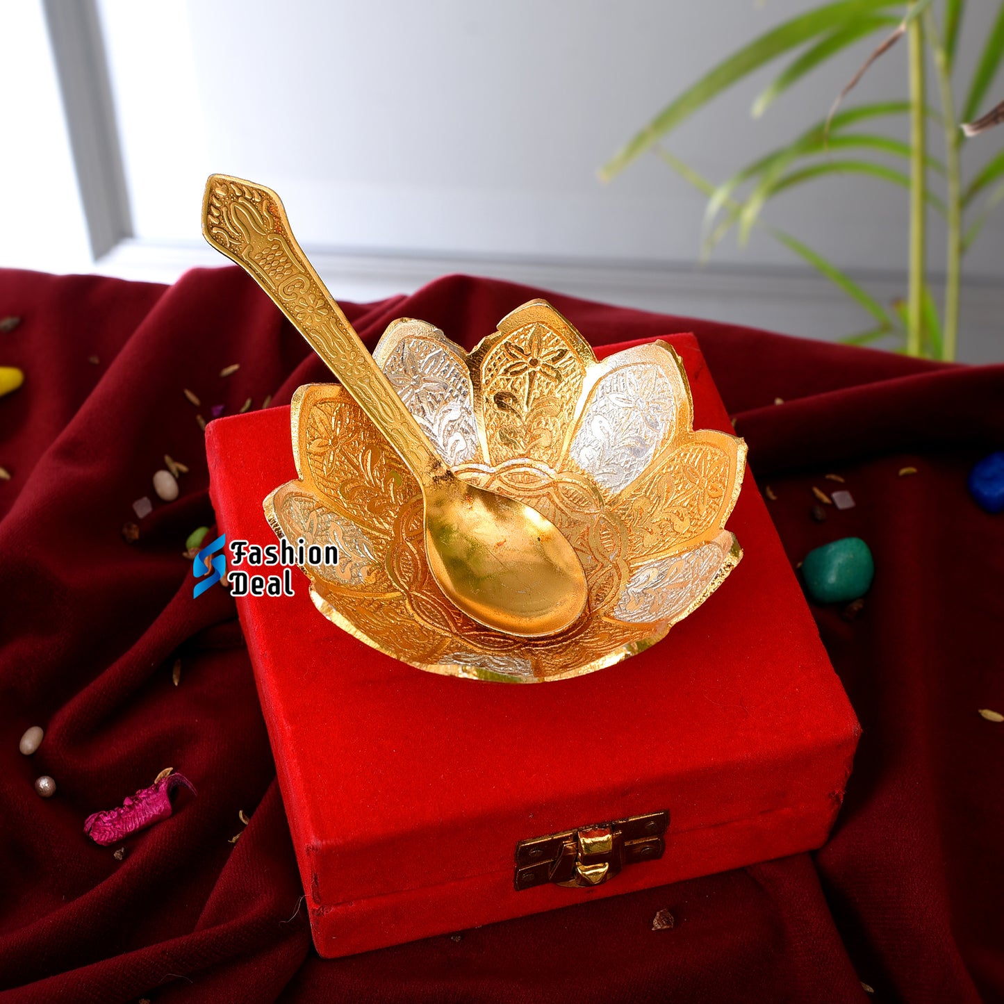 Gold & Silver Plated Kamal/Lotus Bowl Spoon Set With Red Velvet Box – Premium Gift for Weddings, Home Decor & Special Occasions