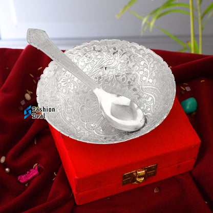 Silver Plated Round Peacock Design Bowl Spoon Set With Red Velvet Box – Premium Gift for Weddings, Home Decor & Special Occasions