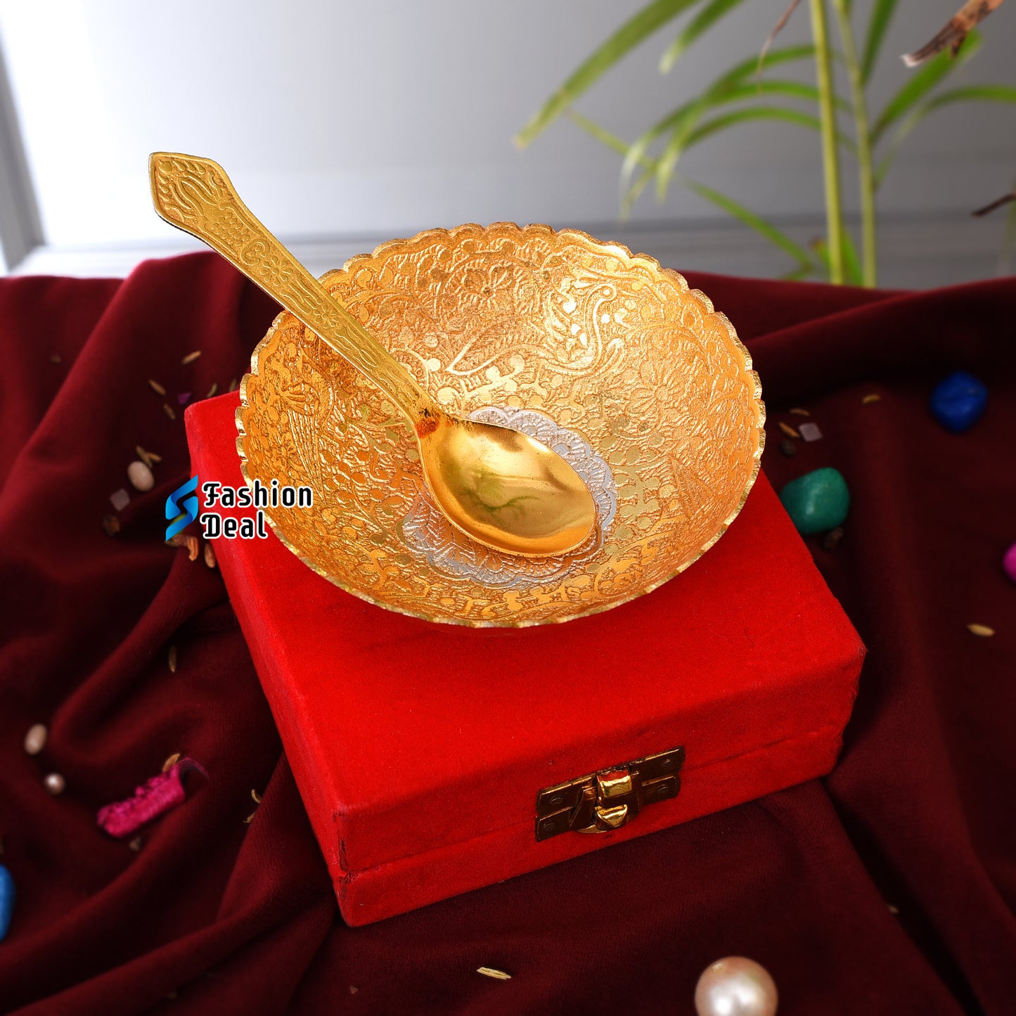 Gold & Silver Plated Round Bowl Spoon Set With Red Velvet Box – Premium Gift for Weddings, Home Decor & Special Occasions