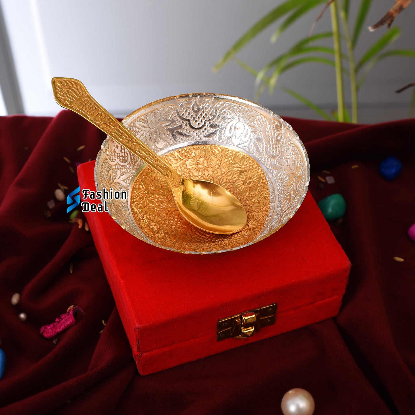 Gold & Silver Plated Round Bowl Spoon Set With Red Velvet Box – Premium Gift for Weddings, Home Decor & Special Occasions