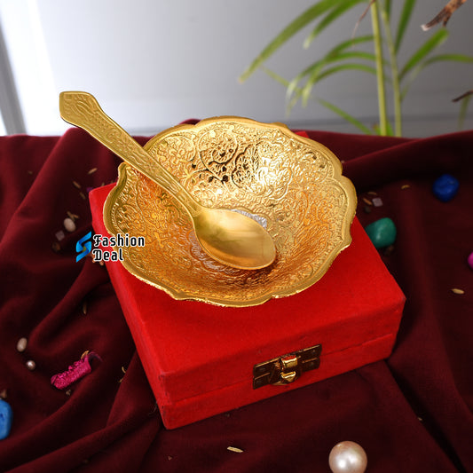 Gold & Silver Plated Peacock Design Bowl Spoon Set With Red Velvet Box – Premium Gift for Weddings, Home Decor & Special Occasions