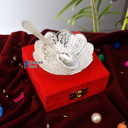 Silver Plated Kamal/Lotus Bowl Spoon Set With Red Velvet Box – Premium Gift for Weddings, Home Decor & Special Occasions