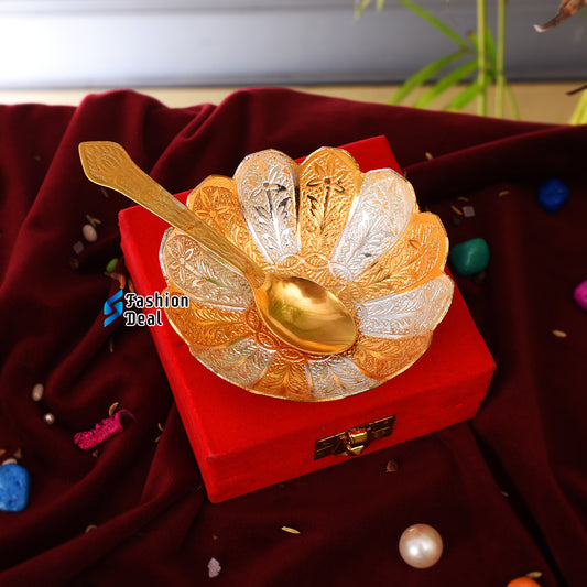 Gold & Silver Plated Kamal/Lotus Bowl Spoon Set With Red Velvet Box – Premium Gift for Weddings, Home Decor & Special Occasions