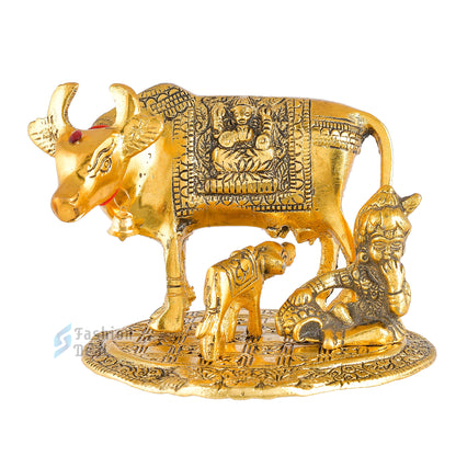 Metal Kamdhenu Cow and Calf Idol - Gold Finish Holy Vastu Spiritual Showpiece