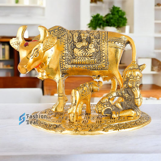 Metal Kamdhenu Cow and Calf Idol - Gold Finish Holy Vastu Spiritual Showpiece