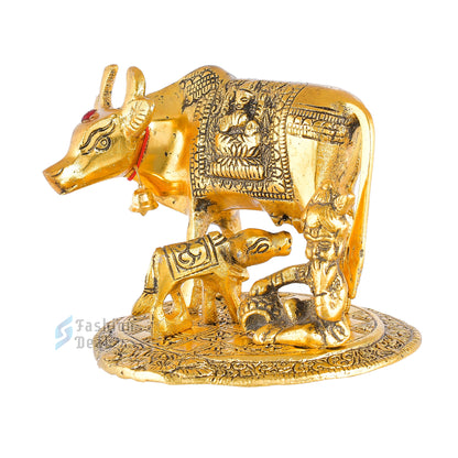 Metal Kamdhenu Cow and Calf Idol - Gold Finish Holy Vastu Spiritual Showpiece