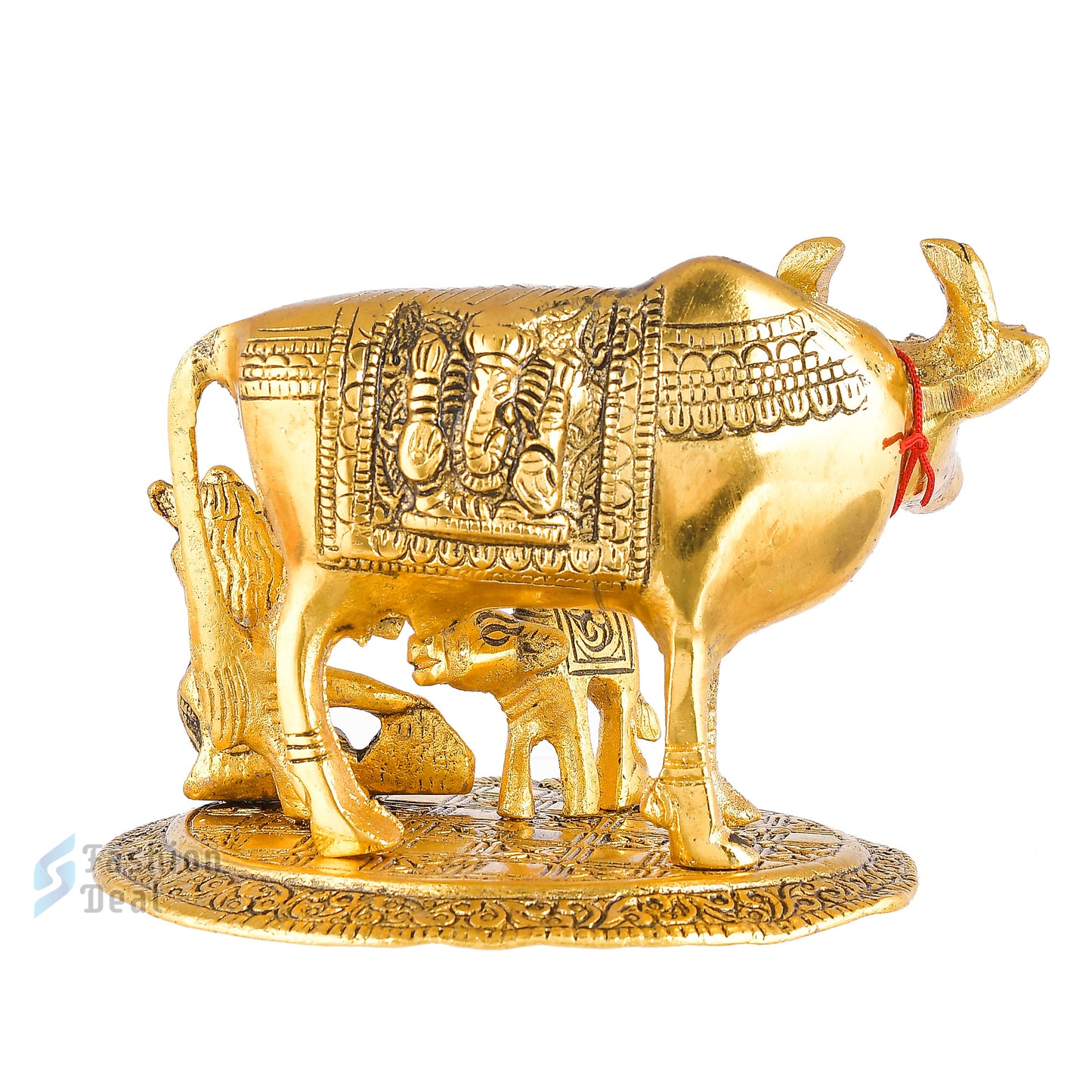 Metal Kamdhenu Cow and Calf Idol - Gold Finish Holy Vastu Spiritual Showpiece