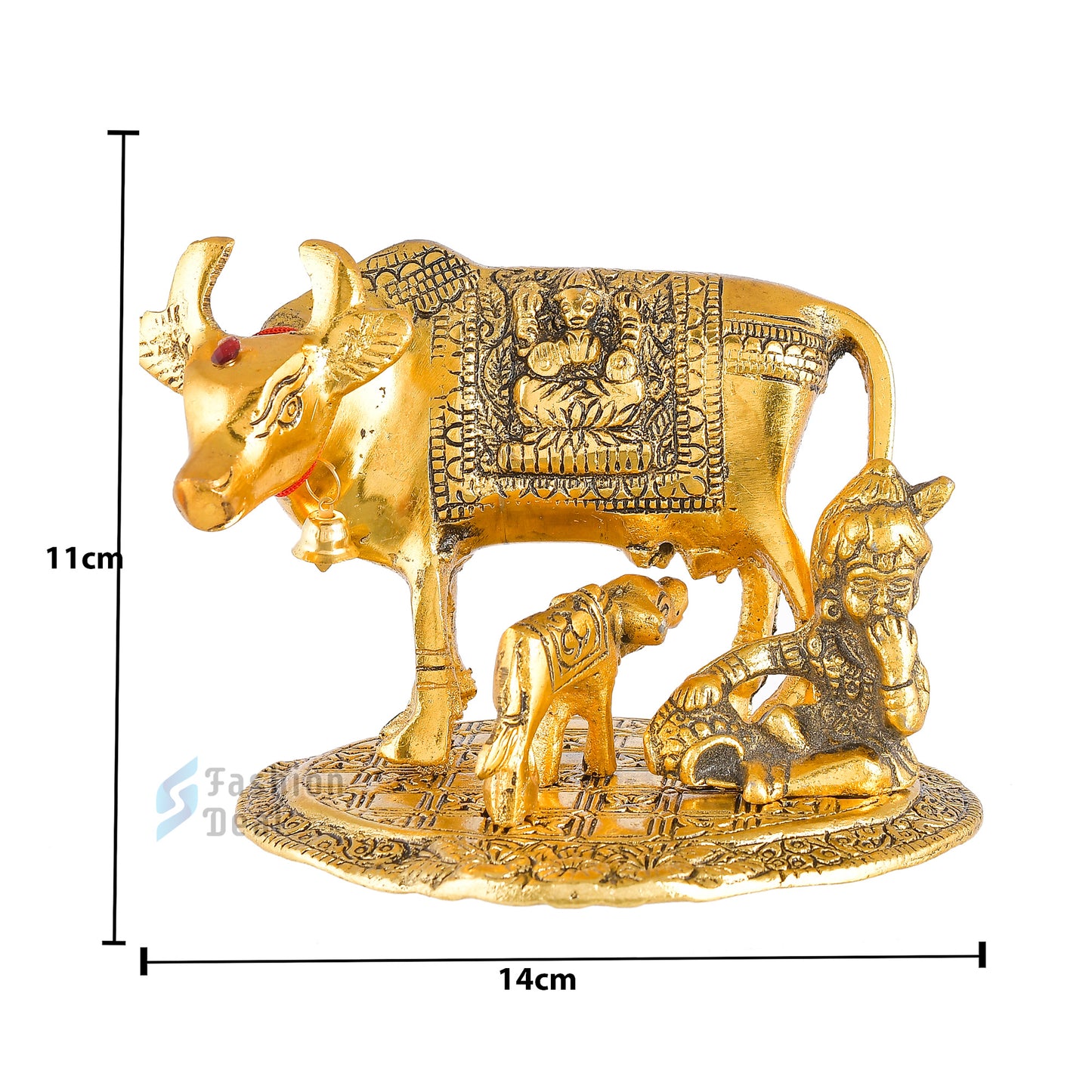 Metal Kamdhenu Cow and Calf Idol - Gold Finish Holy Vastu Spiritual Showpiece