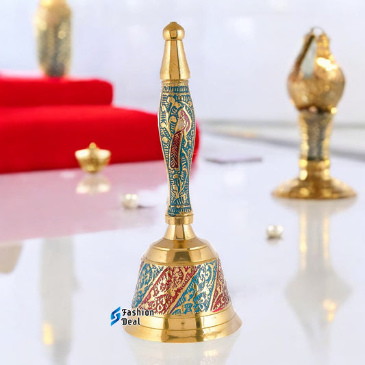 Decorative Meena Brass Hand Bell for Pooja – Ghanti for Mandir, Home, and Office Temple