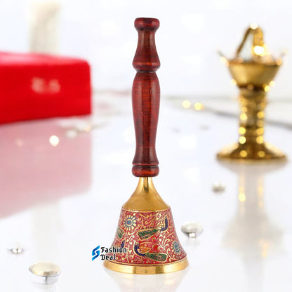 Decorative Metal Hand Bell With Wooden Handle for Pooja – Ghanti for Mandir, Home, and Office Temple