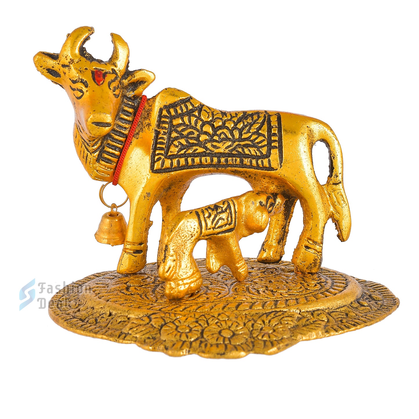 Metal Kamdhenu Cow and Calf Idol - Gold Finish Holy Vastu Spiritual Showpiece