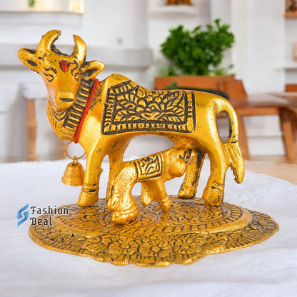 Metal Kamdhenu Cow and Calf Idol - Gold Finish Holy Vastu Spiritual Showpiece