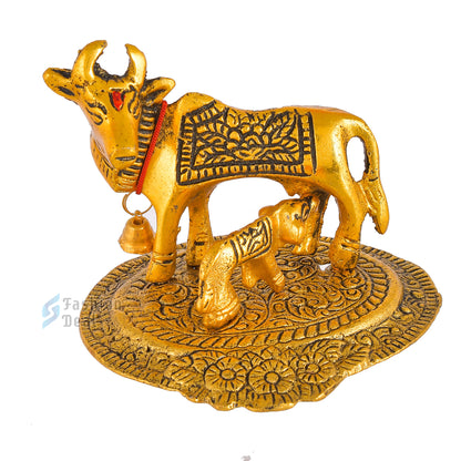 Metal Kamdhenu Cow and Calf Idol - Gold Finish Holy Vastu Spiritual Showpiece