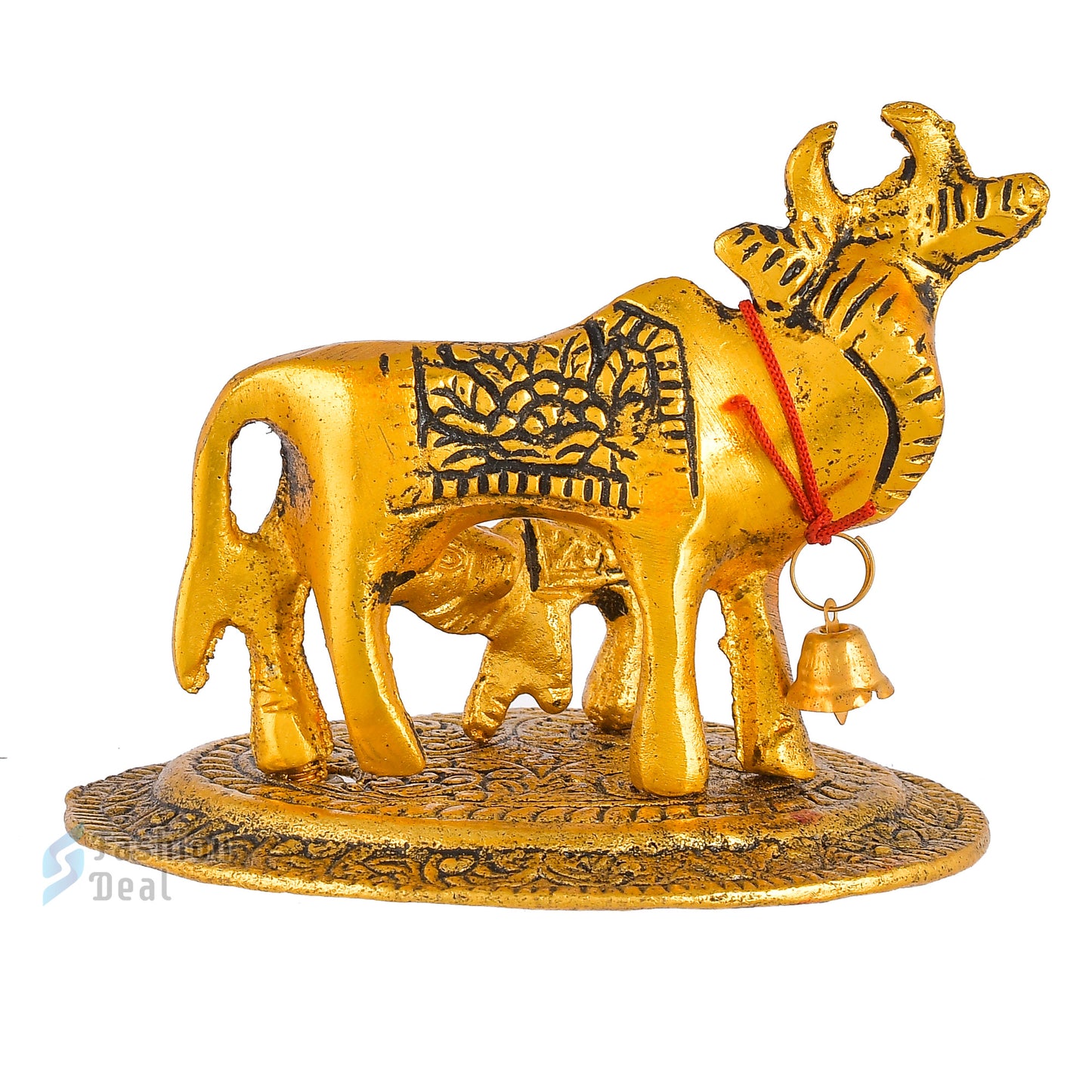 Metal Kamdhenu Cow and Calf Idol - Gold Finish Holy Vastu Spiritual Showpiece