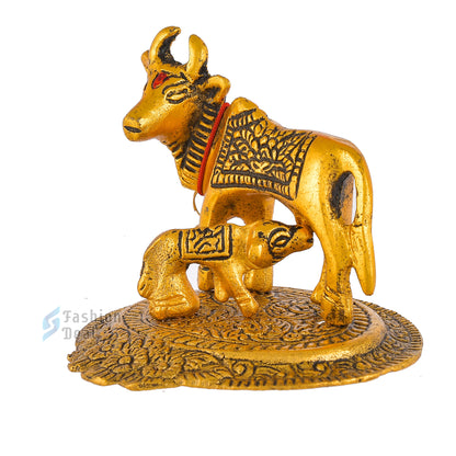 Metal Kamdhenu Cow and Calf Idol - Gold Finish Holy Vastu Spiritual Showpiece