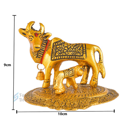 Metal Kamdhenu Cow and Calf Idol - Gold Finish Holy Vastu Spiritual Showpiece