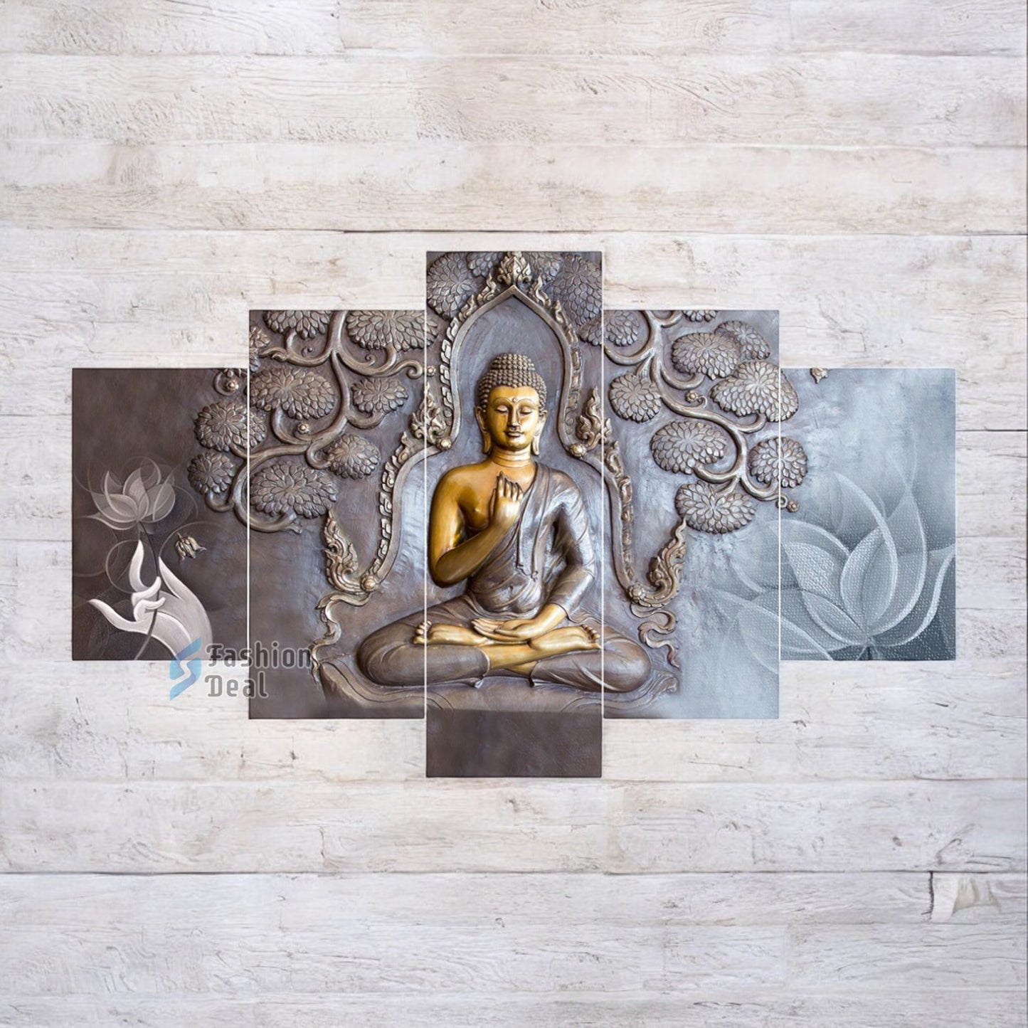 MDF Framed 3D Buddha Wall Painting Set of 5 Pcs for Home Decoration