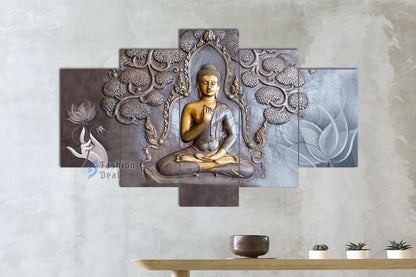 MDF Framed 3D Buddha Wall Painting Set of 5 Pcs for Home Decoration