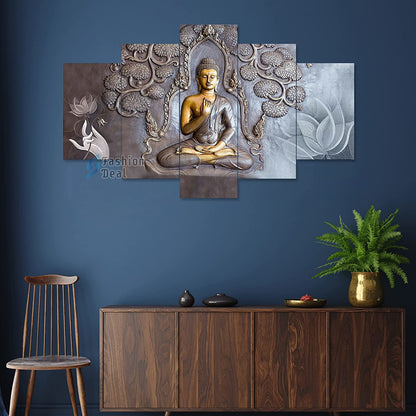 MDF Framed 3D Buddha Wall Painting Set of 5 Pcs for Home Decoration