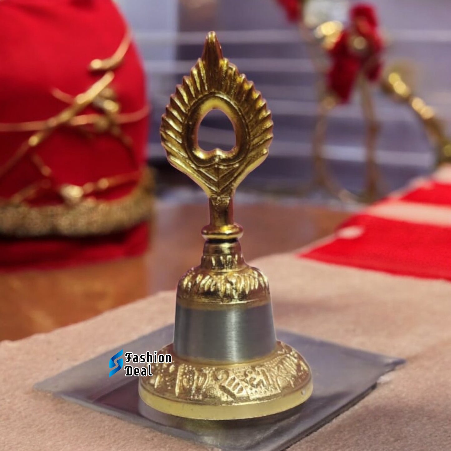 Decorative Krishna Mor Pankh Design Metal Hand Bell for Pooja – Ghanti for Mandir, Home, and Office Temple