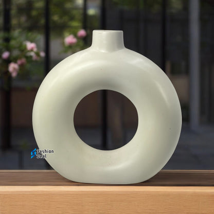 Elegant White Ceramic Ring Vase/Pot - Minimalist Home Décor Collection